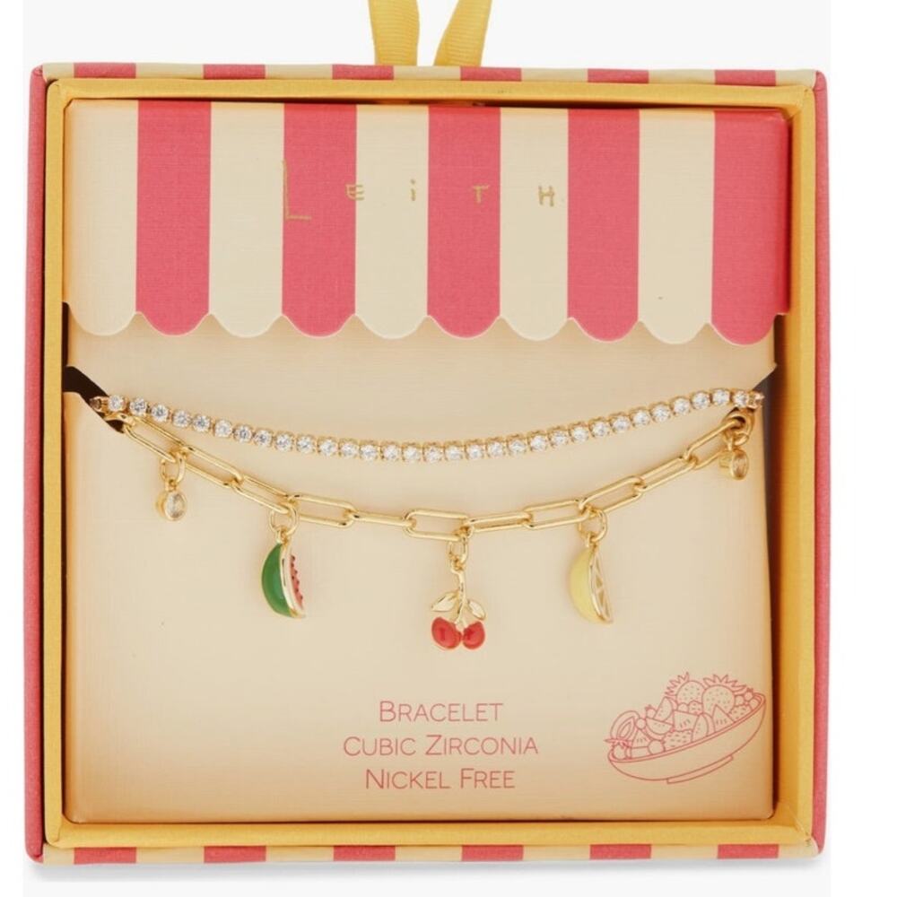 NWT Leith Gold Tone Cubic Zirconia & Fruit Charm Layered Bracelet